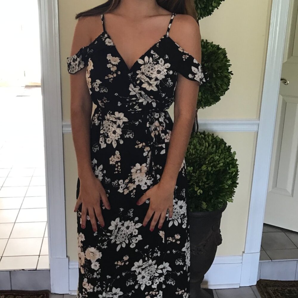 Veronica M Black and White Floral Wrap Dress